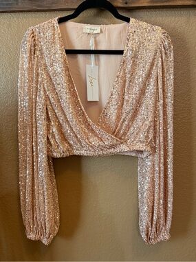 Audrey 3+1 Rose Gold Sequin Long Sleeve Hera Crop Top